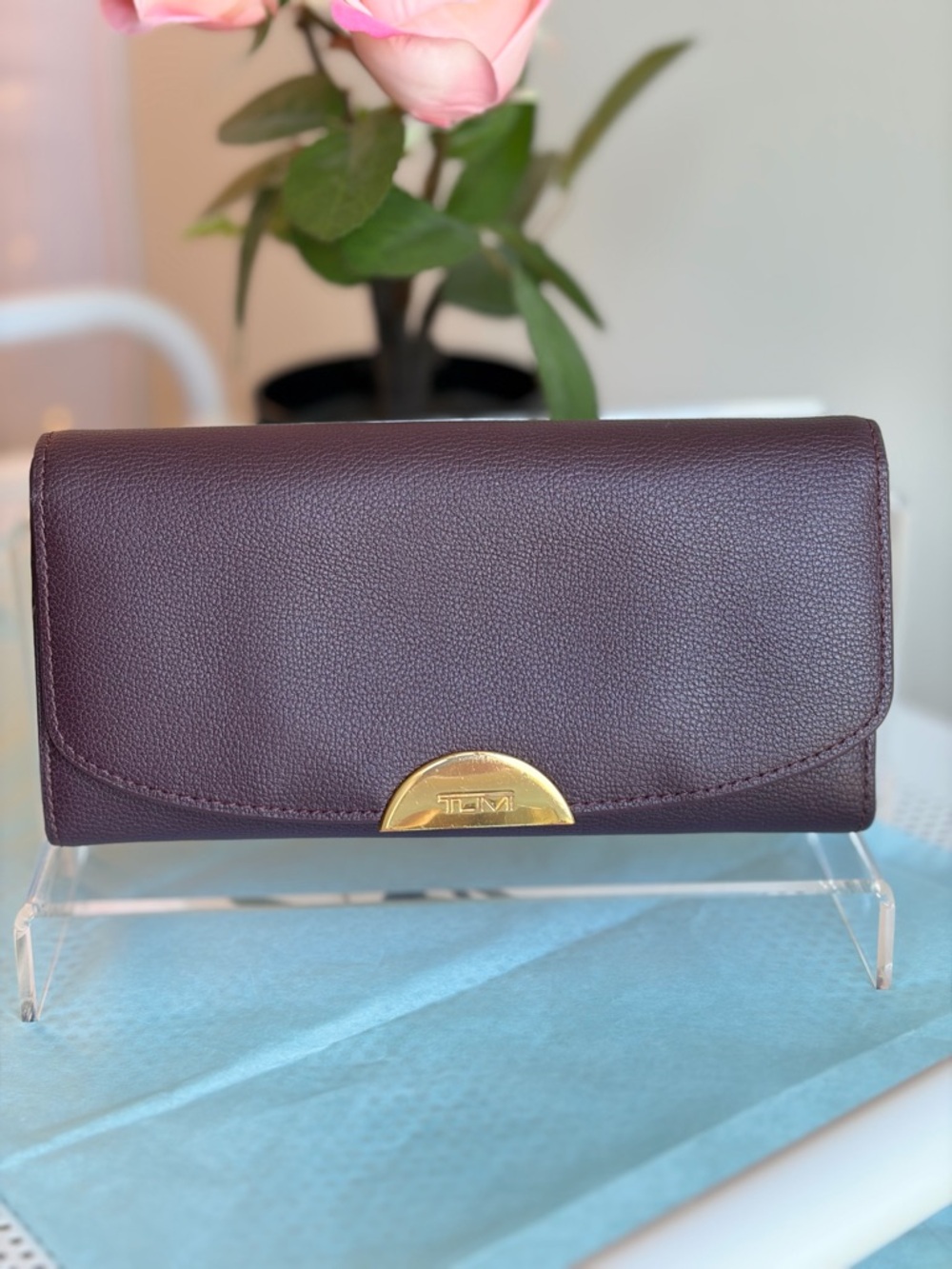 Tumi Women's Leather Clutch Wallet in Plum with Gold Accent